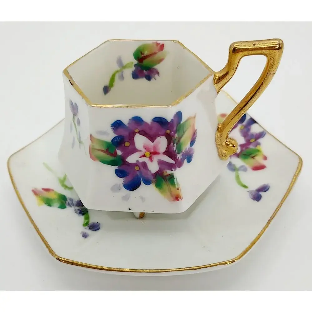 Japanese Miniature Demitasse Teacup And Saucer Floral Gold Tone Trim Hexagonal